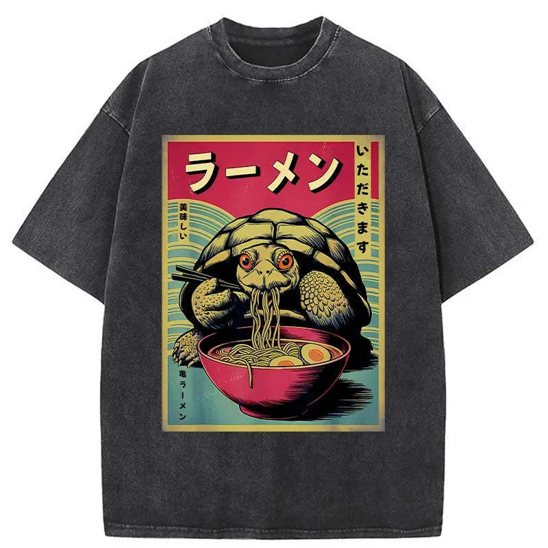 Tokyo-Assassin Turtle Eating Ramen Washed T-Shirt-Tokyo-Assassin