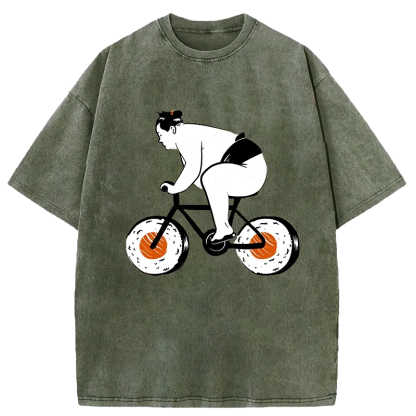 Tokyo-Assassin Sumo Riding A Sushi Bike Washed T-Shirt-Tokyo-Assassin