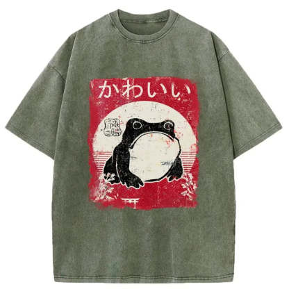 Tokyo-Assassin Woodblock Print Grumpy Frog Washed T-Shirt-Tokyo-Assassin