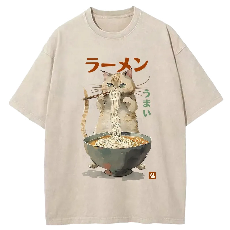Tokyo-Assassin Cute Cat Eating Yummy Ramen Washed T-Shirt-Tokyo-Assassin