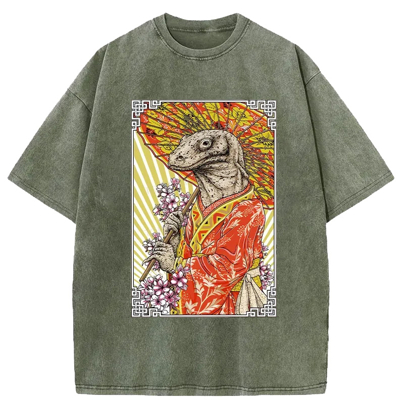 Tokyo-Assassin Elegant Lizard Holding An Umbrella Washed T-Shirt-Tokyo-Assassin