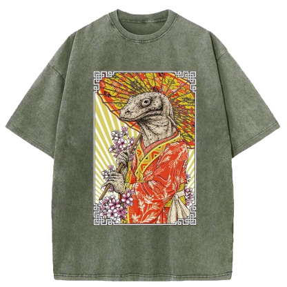 Tokyo-Assassin Elegant Lizard Holding An Umbrella Washed T-Shirt-Tokyo-Assassin