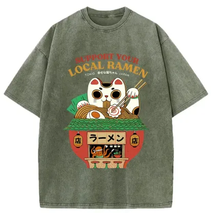 Tokyo-Assassin Lucky Cat Eating Ramen Mic Washed T-Shirt-Tokyo-Assassin
