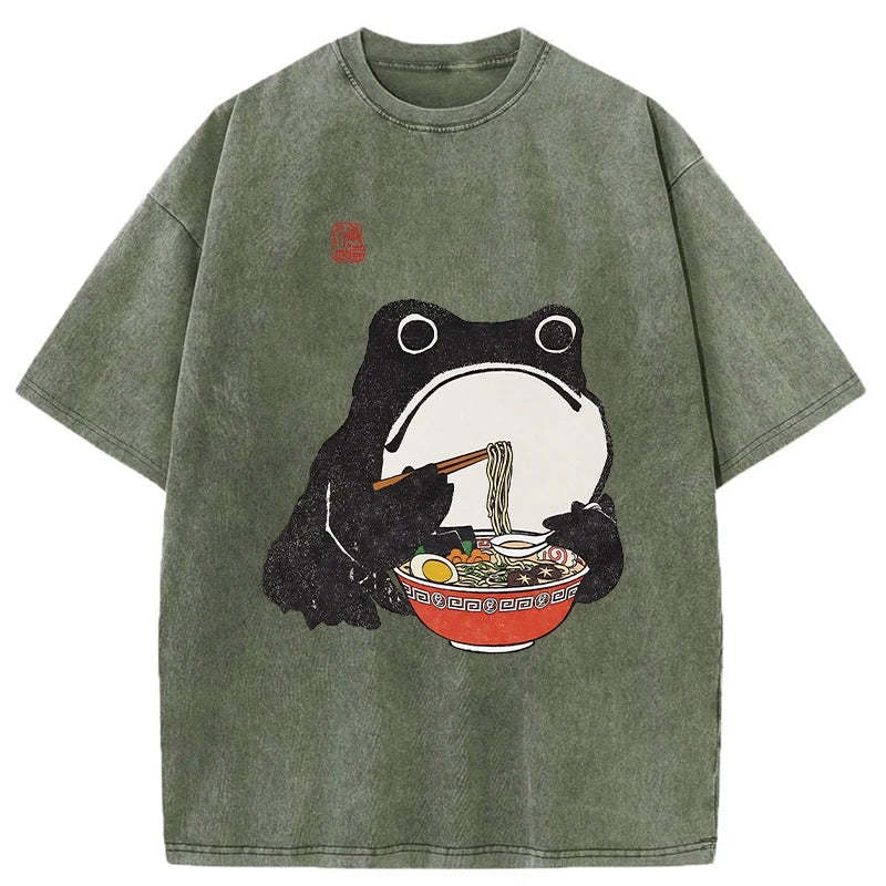 Tokyo-Assassin Funny Frog Eating Ramen Washed T-Shirt-Tokyo-Assassin