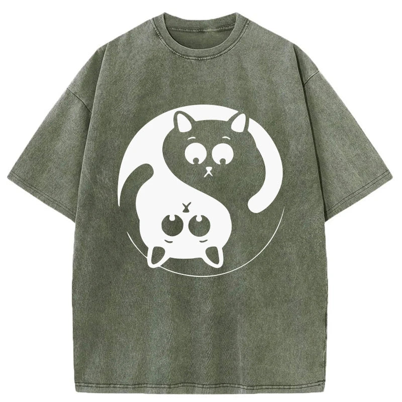Tokyo-Assassin Yin Yang Gossip Cat Washed T-Shirt-Tokyo-Assassin