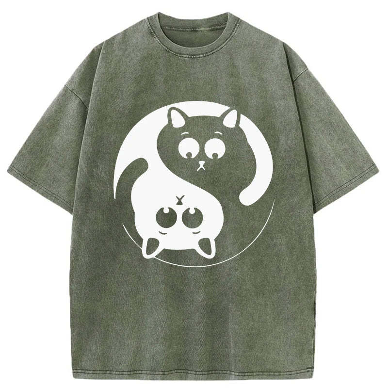 Tokyo-Assassin Yin Yang Gossip Cat Washed T-Shirt-Tokyo-Assassin