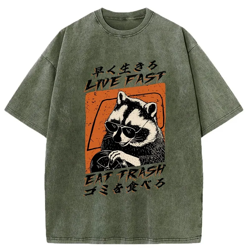 Tokyo-Assassin Raccoon Live Fast Eat Trash Washed T-Shirt-Tokyo-Assassin