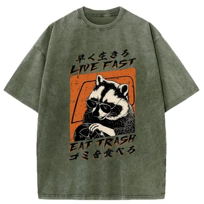 Tokyo-Assassin Raccoon Live Fast Eat Trash Washed T-Shirt-Tokyo-Assassin