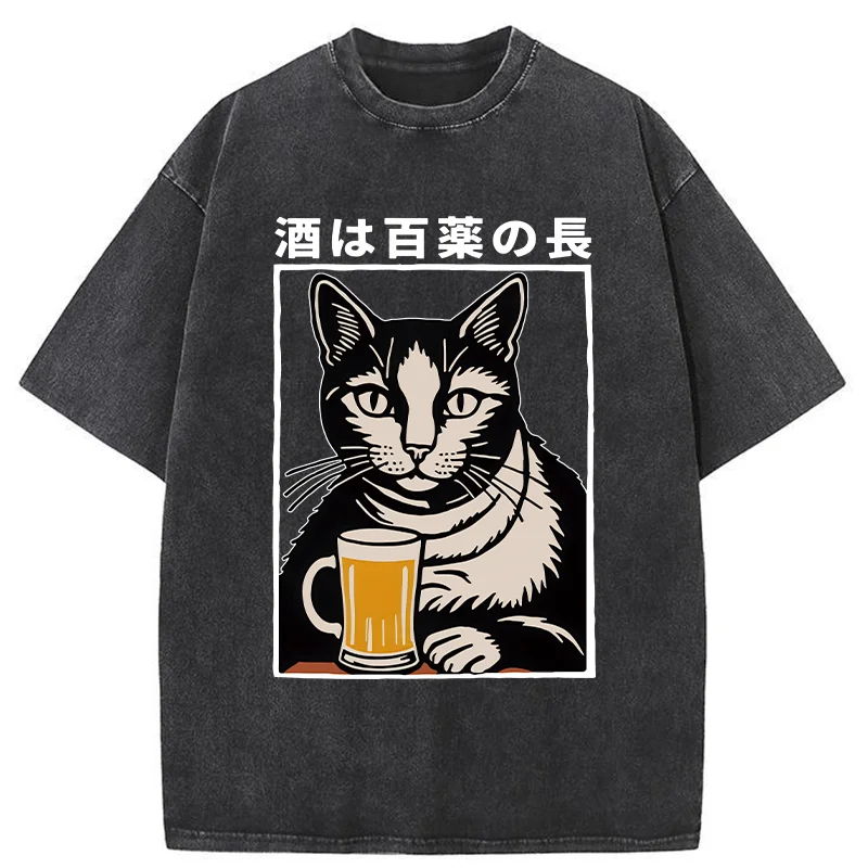 Tokyo-Assassin Cat And Beer Japanese Washed T-Shirt-Tokyo-Assassin