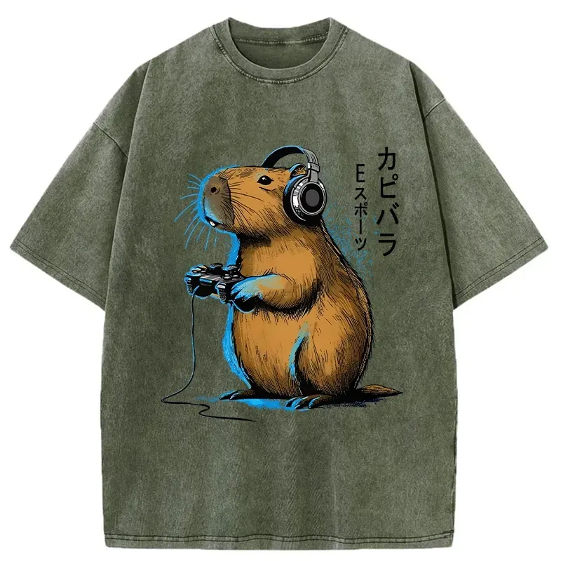 Tokyo-Assassin Capybara Playing E-sports Washed T-Shirt-Tokyo-Assassin