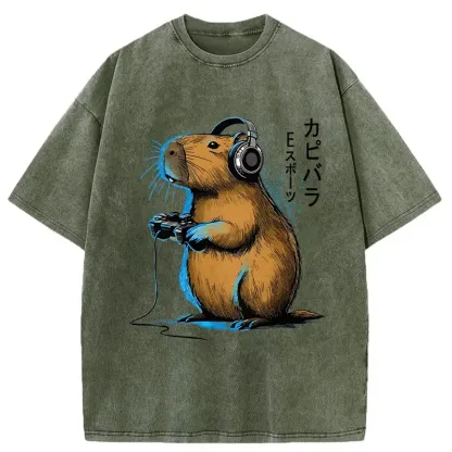 Tokyo-Assassin Capybara Playing E-sports Washed T-Shirt-Tokyo-Assassin