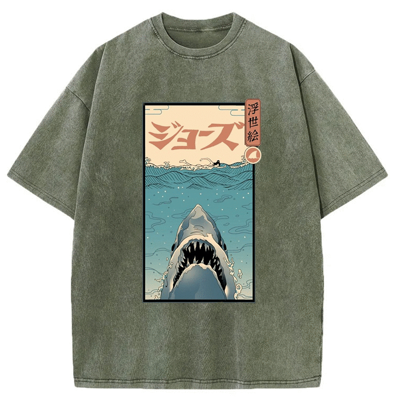 Tokyo-Assassin Great White Shark Japanese Washed T-Shirt-Tokyo-Assassin