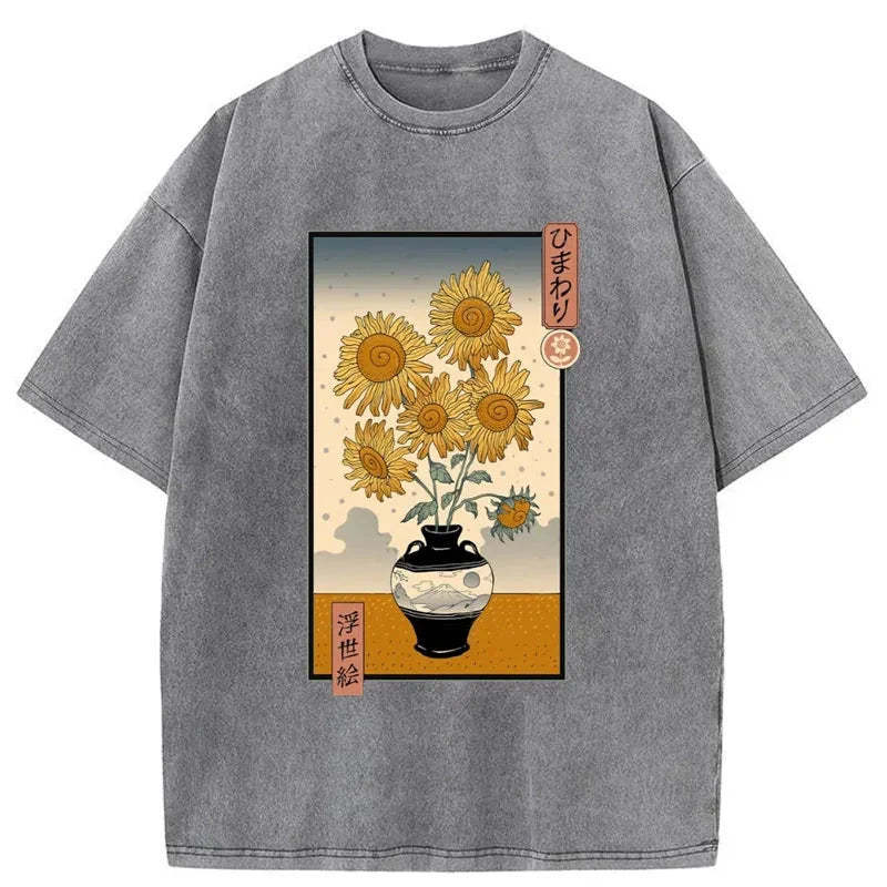 Tokyo-Assassin Sunflowers Ukiyo-e Washed T-Shirt-Tokyo-Assassin