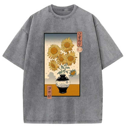 Tokyo-Assassin Sunflowers Ukiyo-e Washed T-Shirt-Tokyo-Assassin