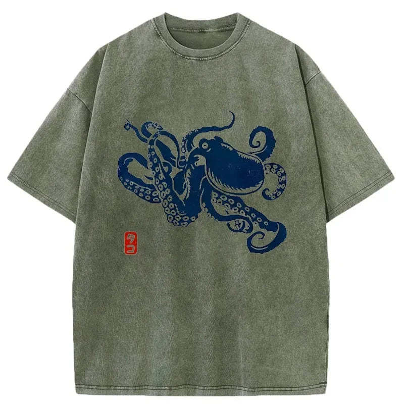 Tokyo-Assassin Japanese Octopus Washed T-Shirt-Tokyo-Assassin