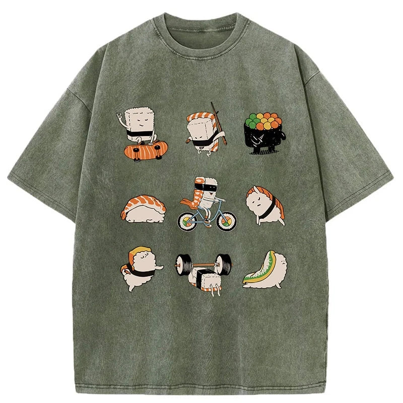 Tokyo-Assassin Cute Sports Sushi Washed T-Shirt-Tokyo Assassin