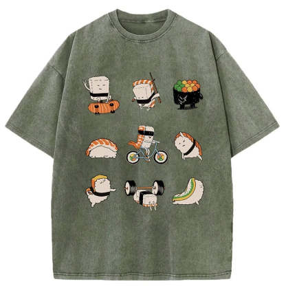 Tokyo-Assassin Cute Sports Sushi Washed T-Shirt-Tokyo Assassin