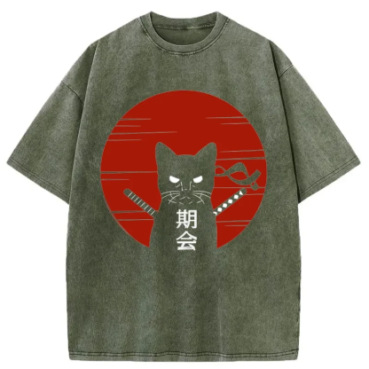 Tokyo-Assassin Japanese Ninja Cat Washed T-Shirt-Tokyo Assassin