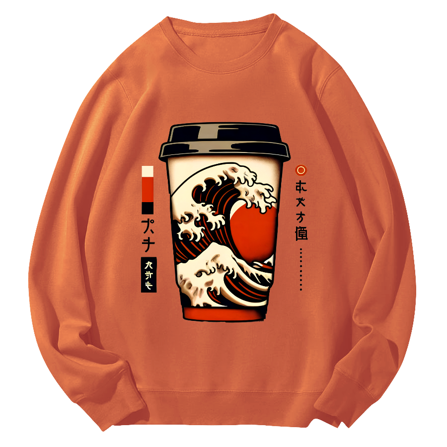Giant Wave Coffee Japanese Round Neck Sweatshirt-Zazasy