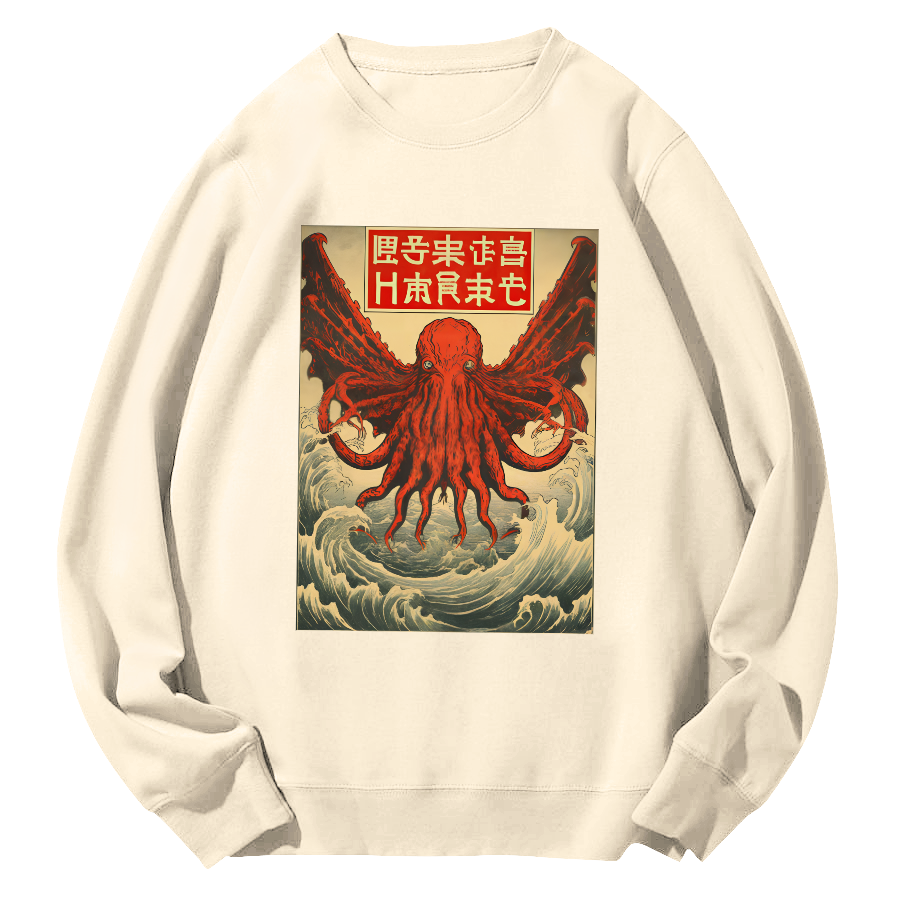The Japanese style octopus monster in the huge waves Round Neck Sweatshirt-Zazasy