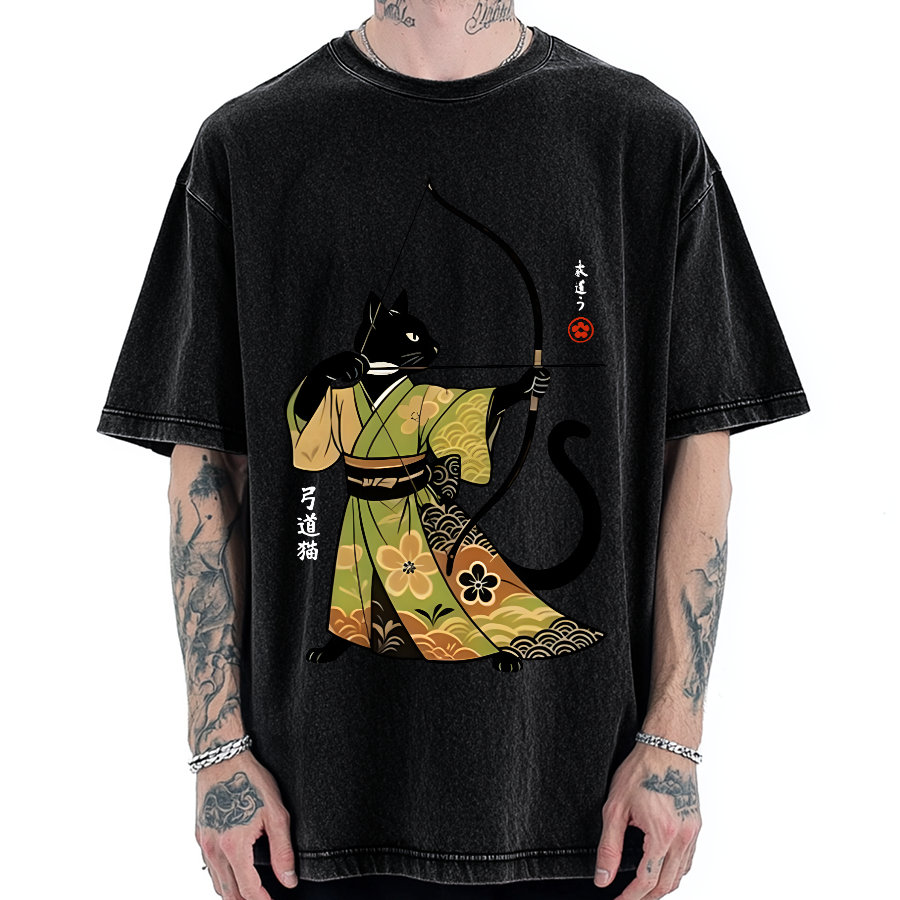 Tokyo-Assassin Japan Cat Archery Vintage Washed T-shirt