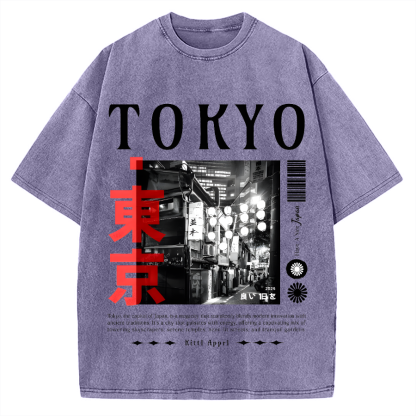 Tokyo Street Night Scene Vintage Washed T-shirt