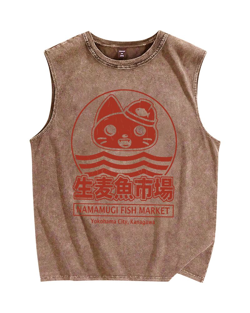 Raw Wheat Fish Market in Japan Vintage Distressed Washed Tank-Zazasy