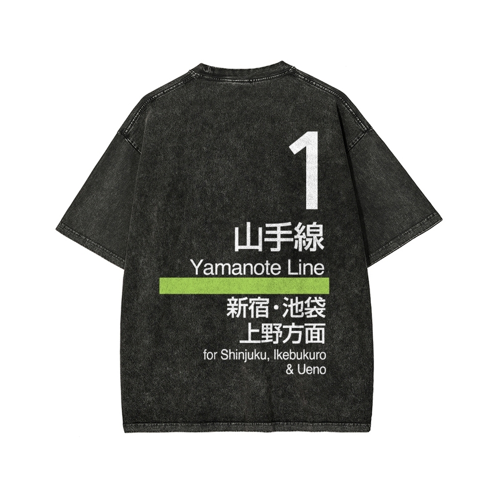 Yamanote Line Front And Back Printing Washed T-shirt