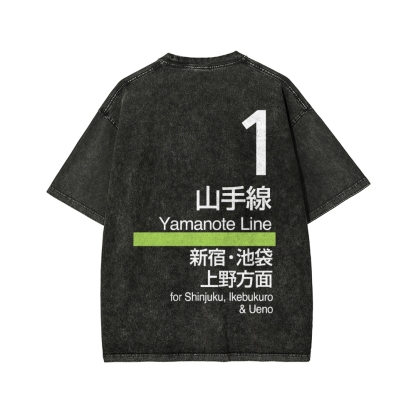 Yamanote Line Front And Back Printing Washed T-shirt