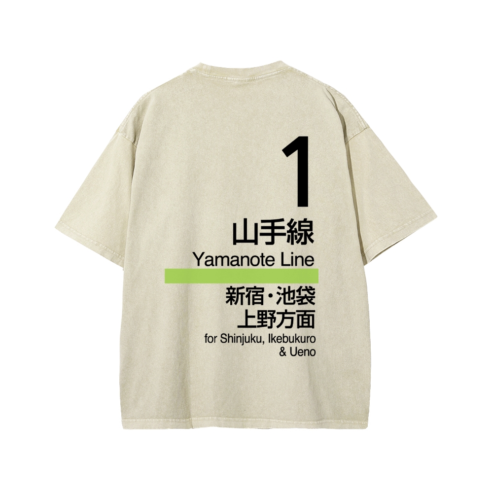 Yamanote Line Front And Back Printing Washed T-shirt