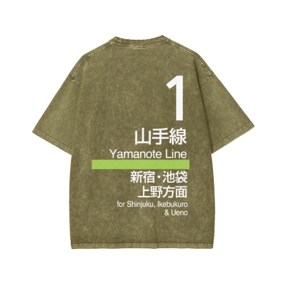 Yamanote Line Front And Back Printing Washed T-shirt