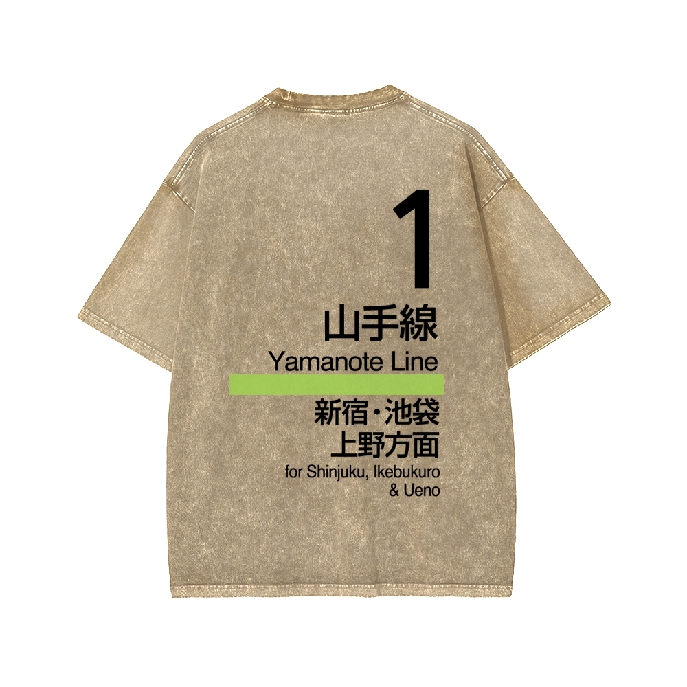 Yamanote Line Front And Back Printing Washed T-shirt