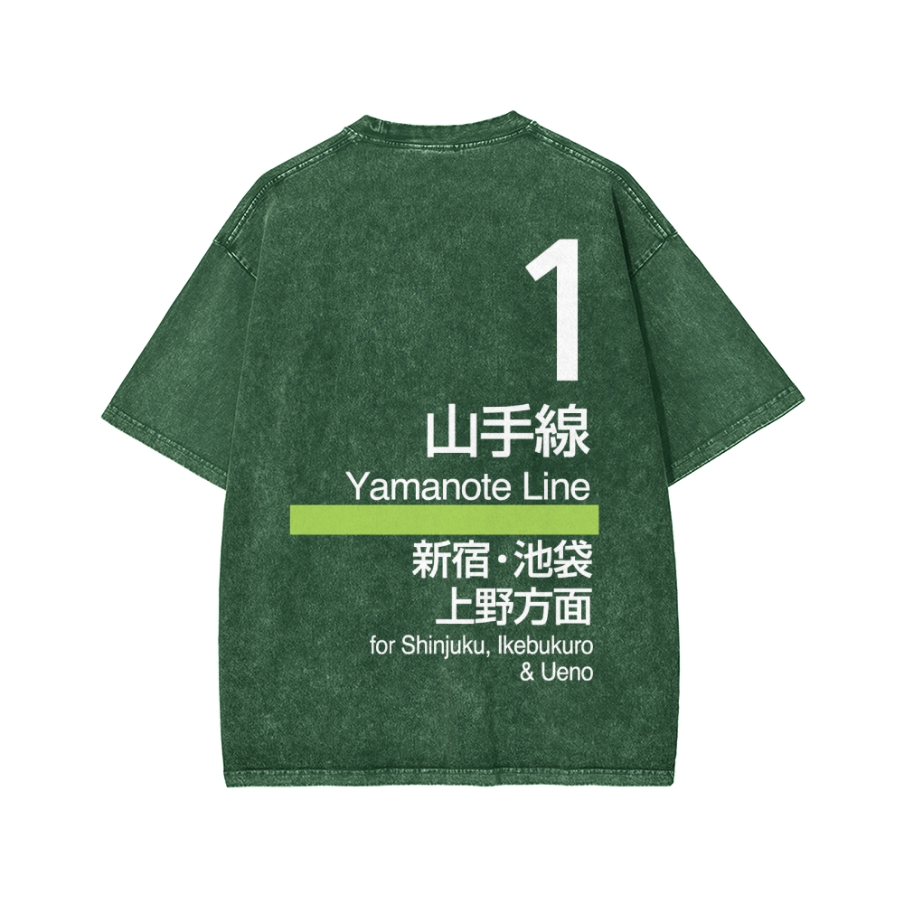 Yamanote Line Front And Back Printing Washed T-shirt