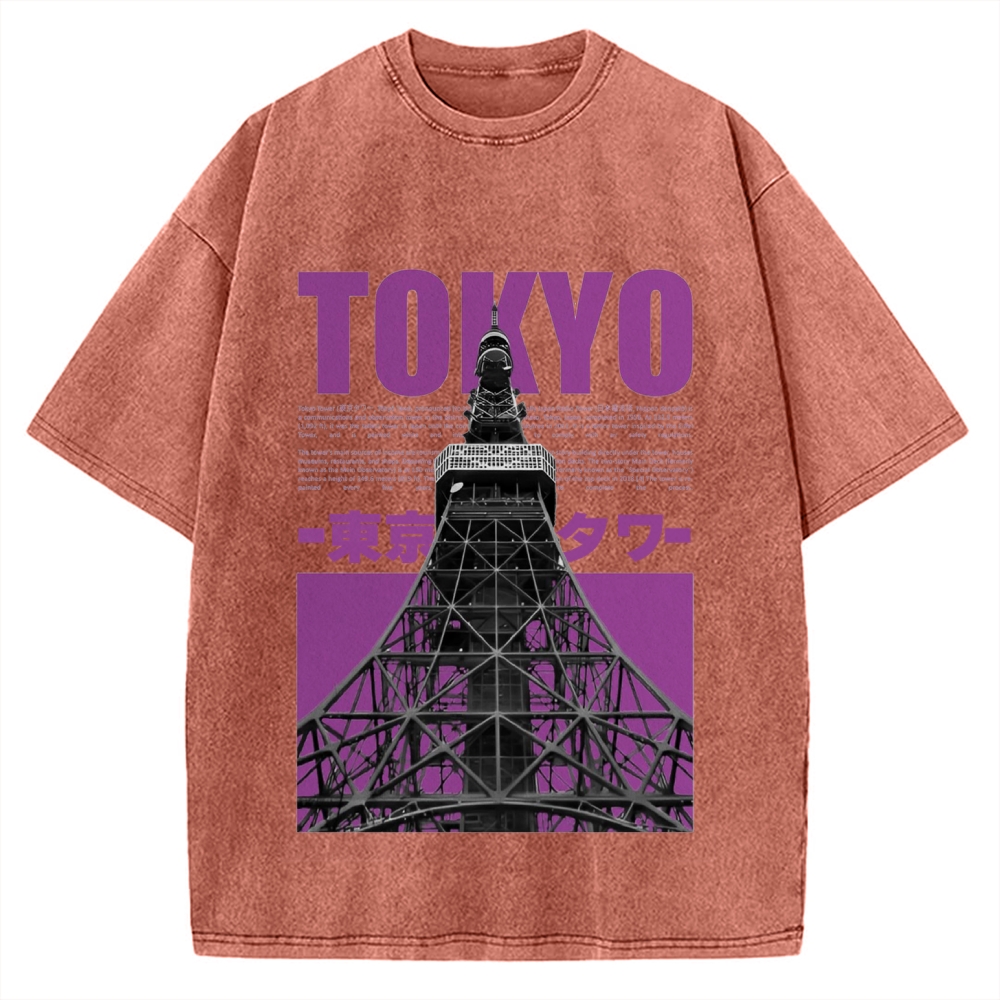 Tokyo Tower Japanese Landmark Buildings landscape Vintage Washed T-shirt