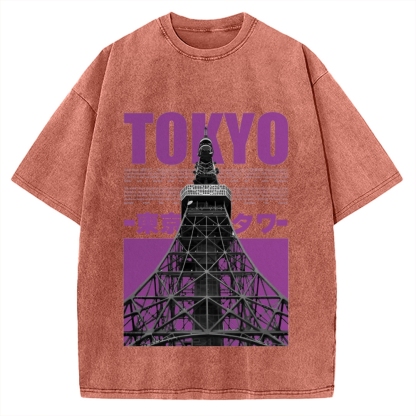 Tokyo Tower Japanese Landmark Buildings landscape Vintage Washed T-shirt
