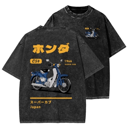 Honda C50 Super Cub Motorcycle Front And Back Printing Washed T-shirt