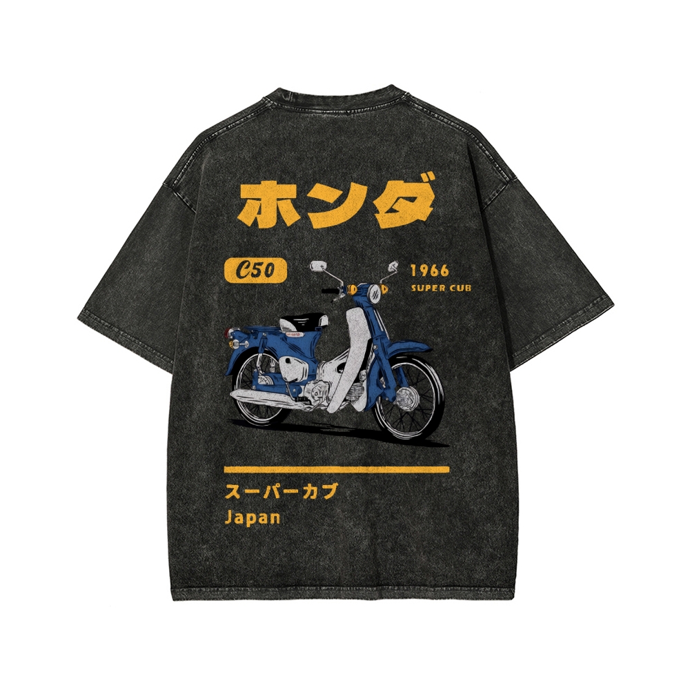Honda C50 Super Cub Motorcycle Front And Back Printing Washed T-shirt