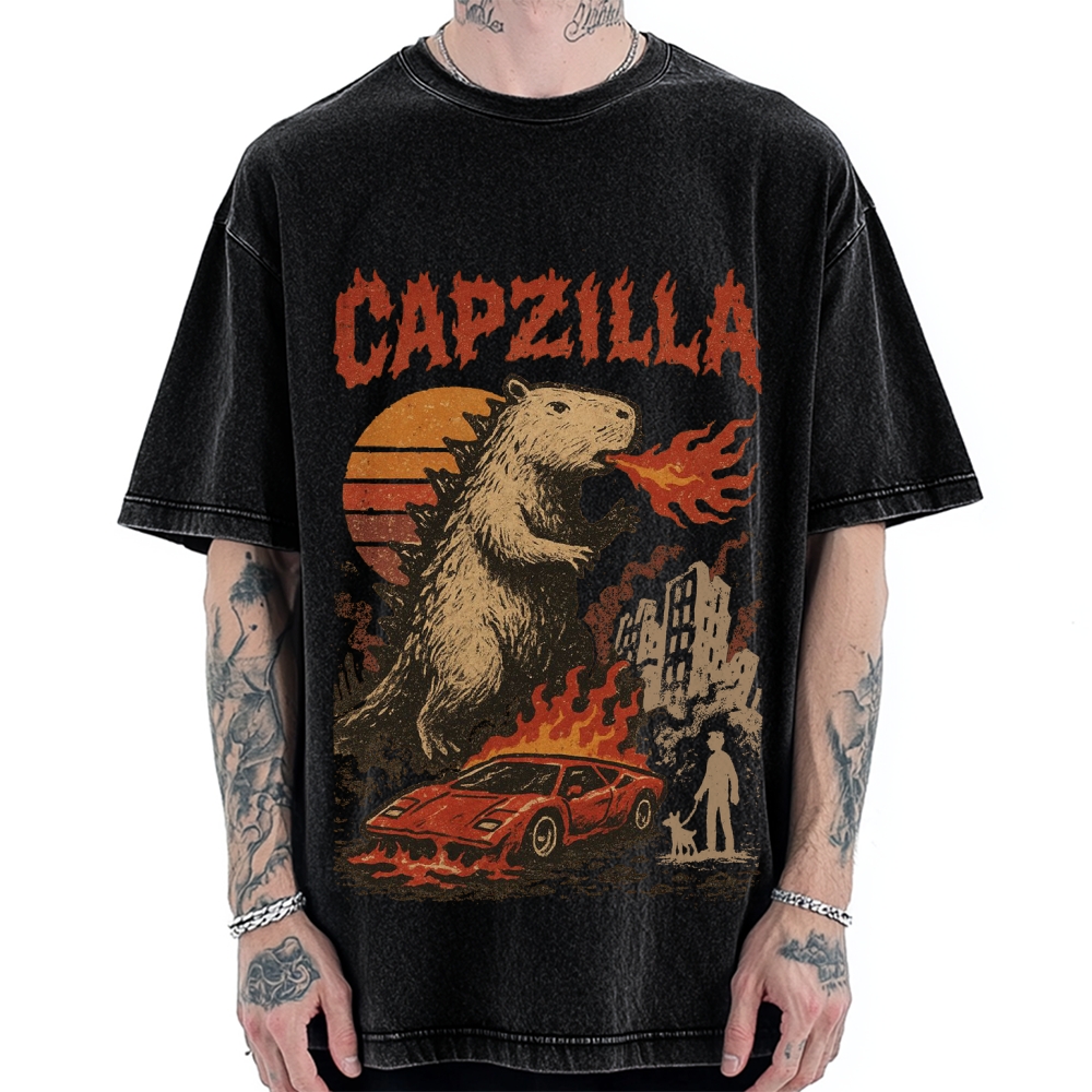 Capzilla Funny Capybara Monster Vintage Washed T-shirt