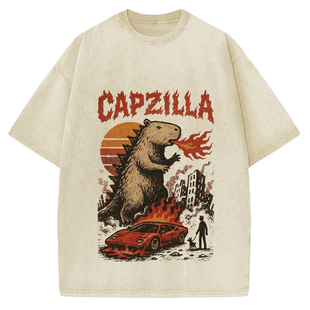 Capzilla Funny Capybara Monster Vintage Washed T-shirt