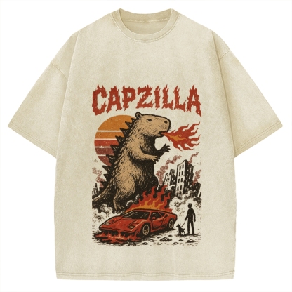 Capzilla Funny Capybara Monster Vintage Washed T-shirt
