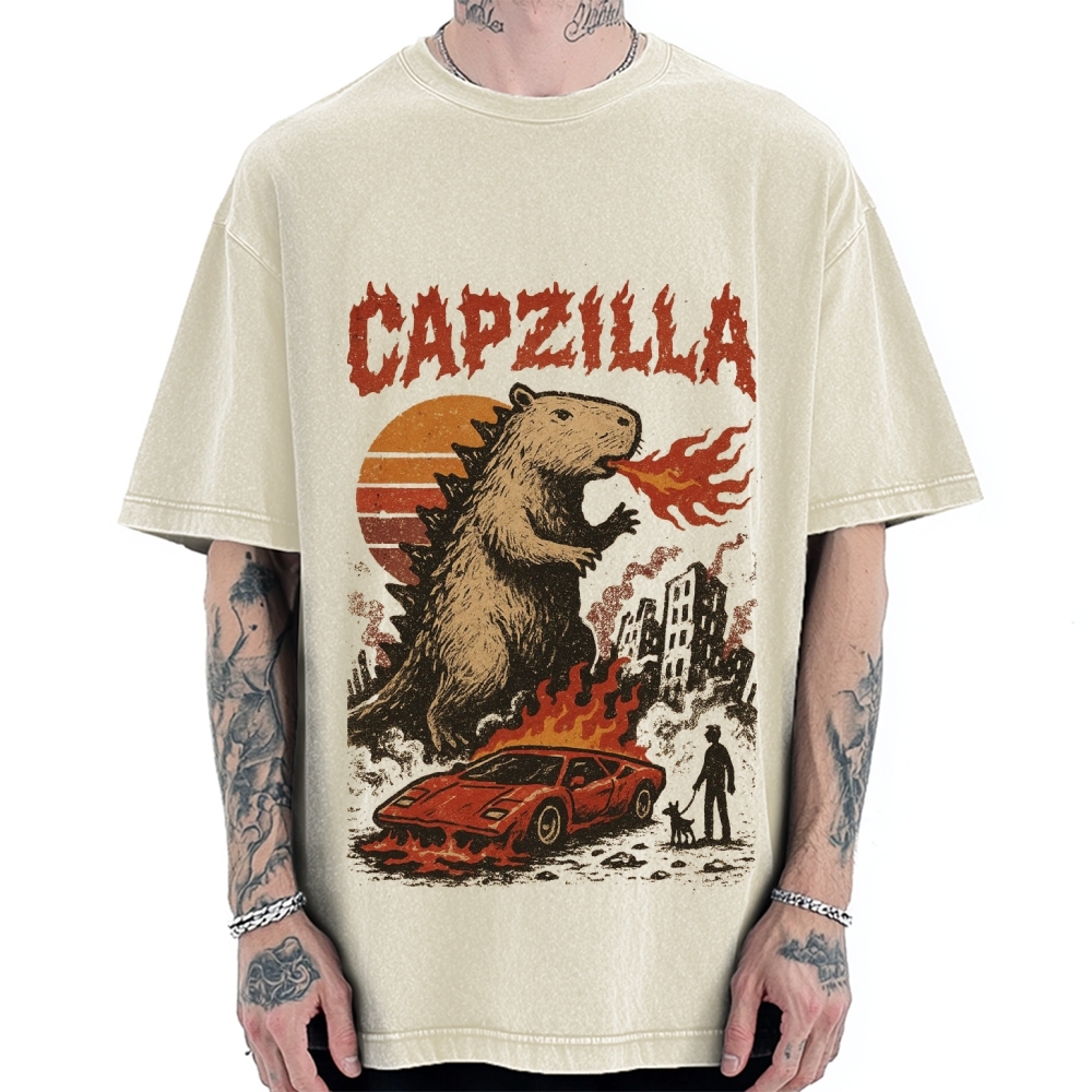 Capzilla Funny Capybara Monster Vintage Washed T-shirt