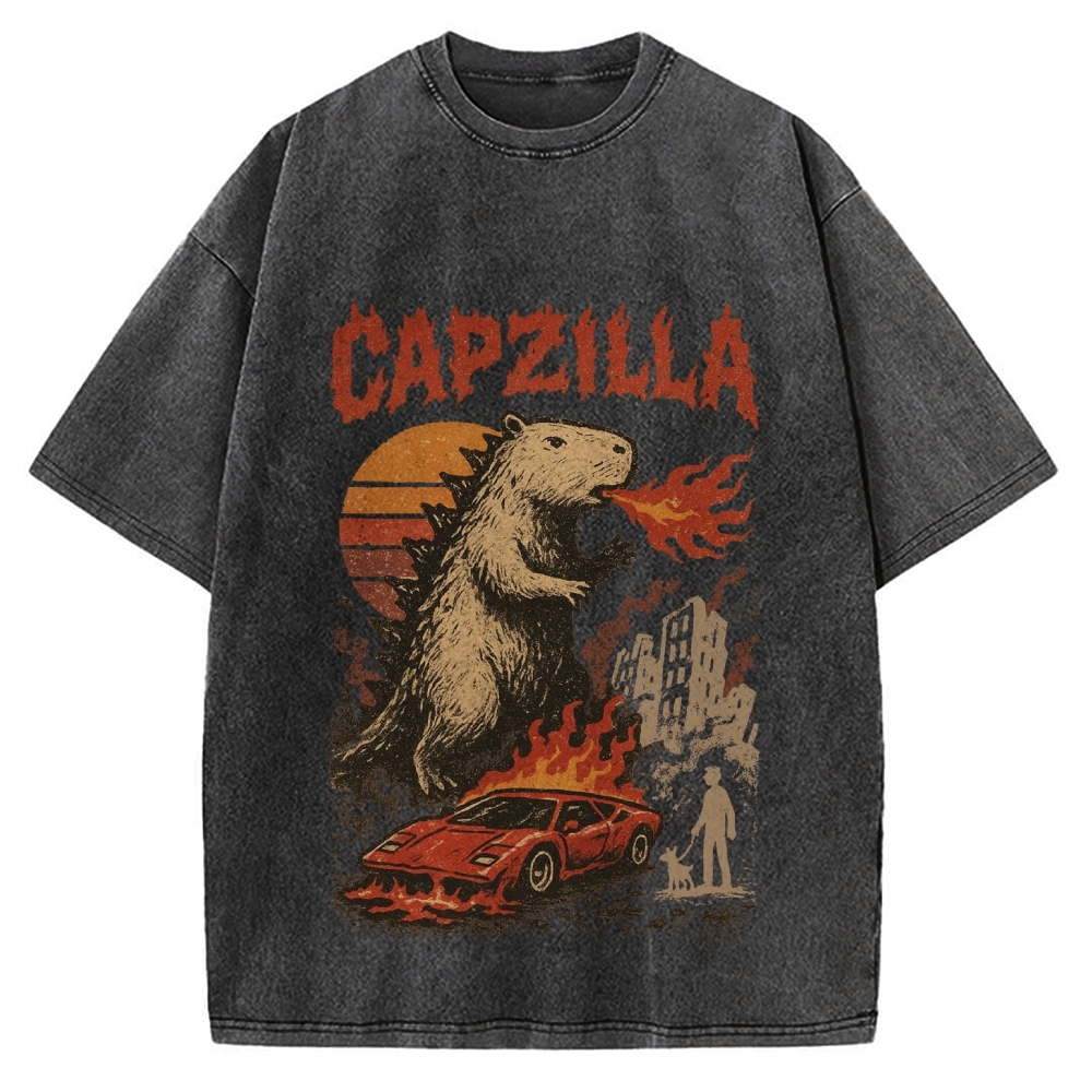 Capzilla Funny Capybara Monster Vintage Washed T-shirt
