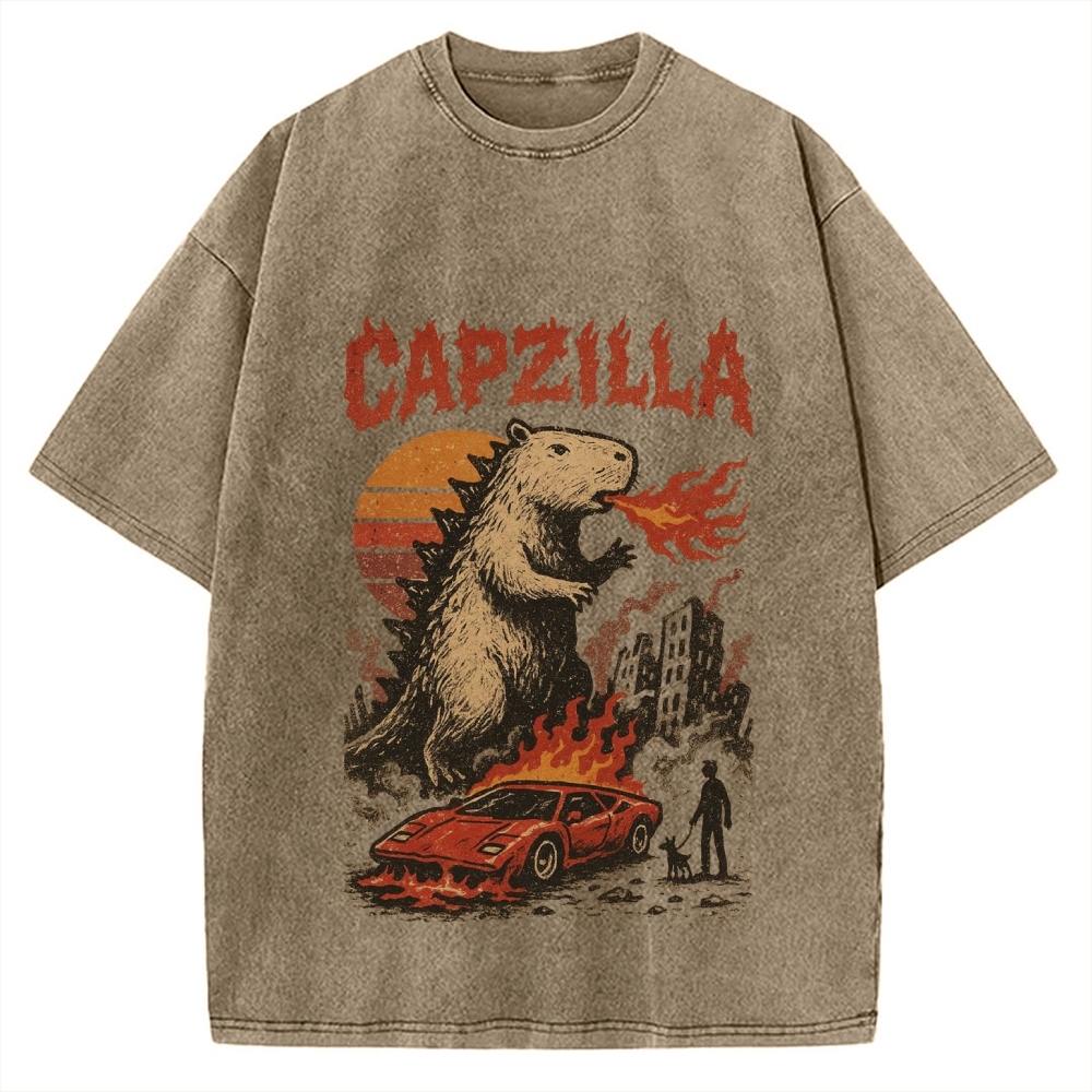 Capzilla Funny Capybara Monster Vintage Washed T-shirt