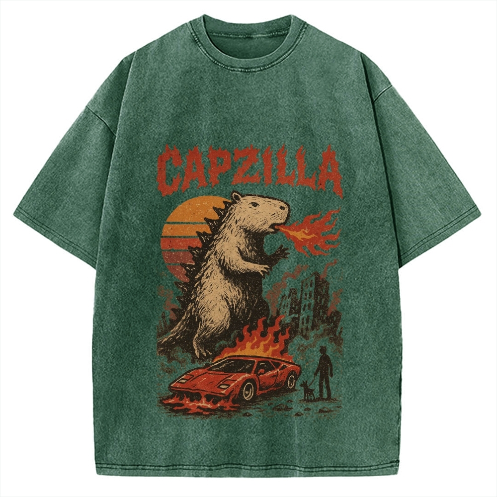 Capzilla Funny Capybara Monster Vintage Washed T-shirt