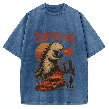 Capzilla Funny Capybara Monster Vintage Washed T-shirt
