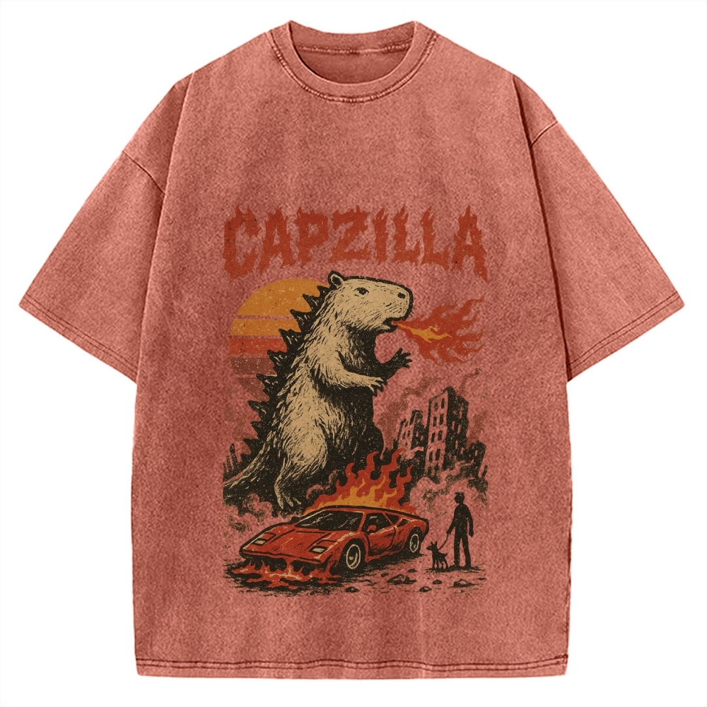 Capzilla Funny Capybara Monster Vintage Washed T-shirt