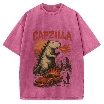 Capzilla Funny Capybara Monster Vintage Washed T-shirt
