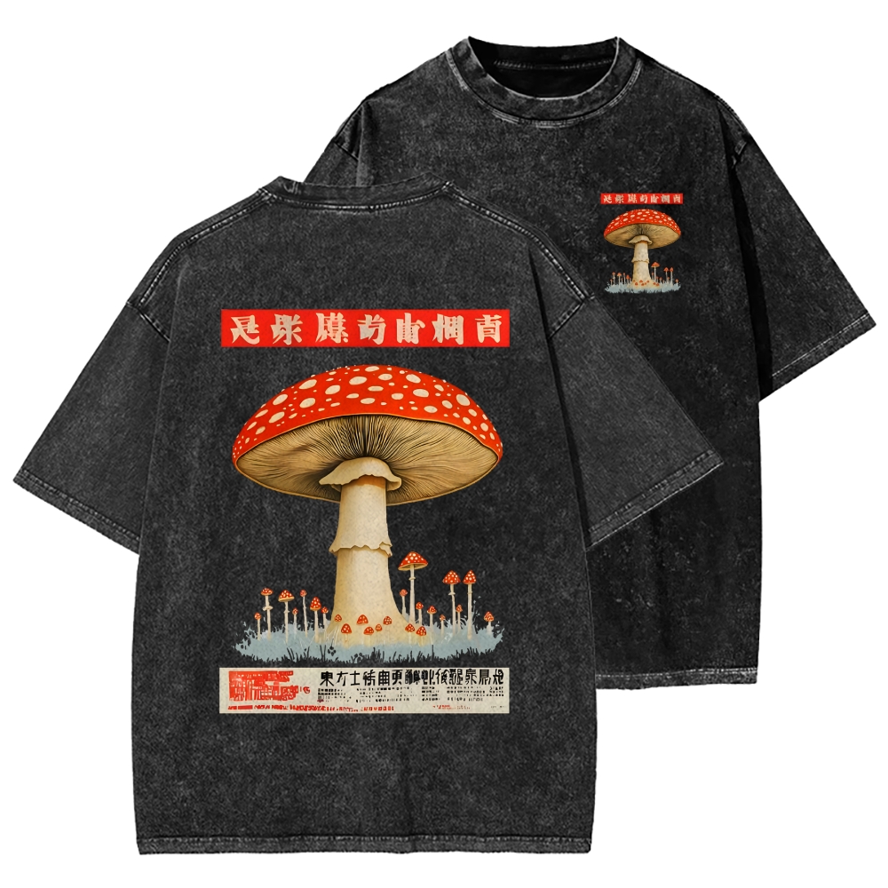 Tokyo-Assassin Psychedelic Mushroom Front And Back Printing Washed T-shirt