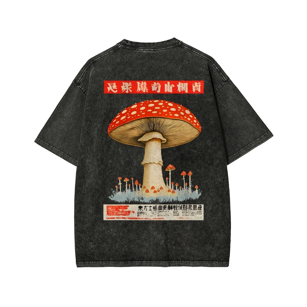 Tokyo-Assassin Psychedelic Mushroom Front And Back Printing Washed T-shirt