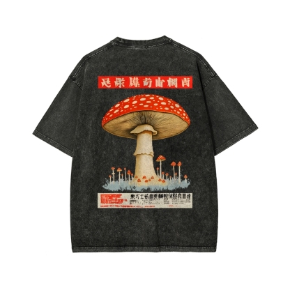 Tokyo-Assassin Psychedelic Mushroom Front And Back Printing Washed T-shirt